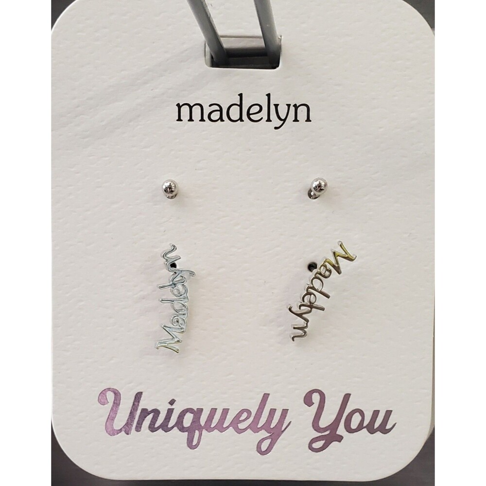 NEW 'MADELYN' Personalized Name Earrings + 1 Pair Studs Silver Tone Uniquely You